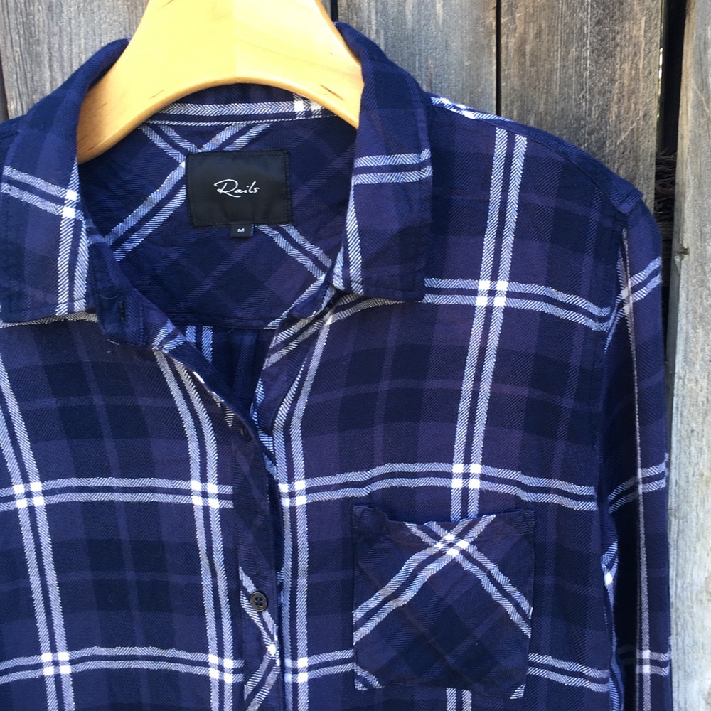 Rails Hunter Plaid Shirt Rayon Pacific Navy Blue White M - Picture 5 of 16